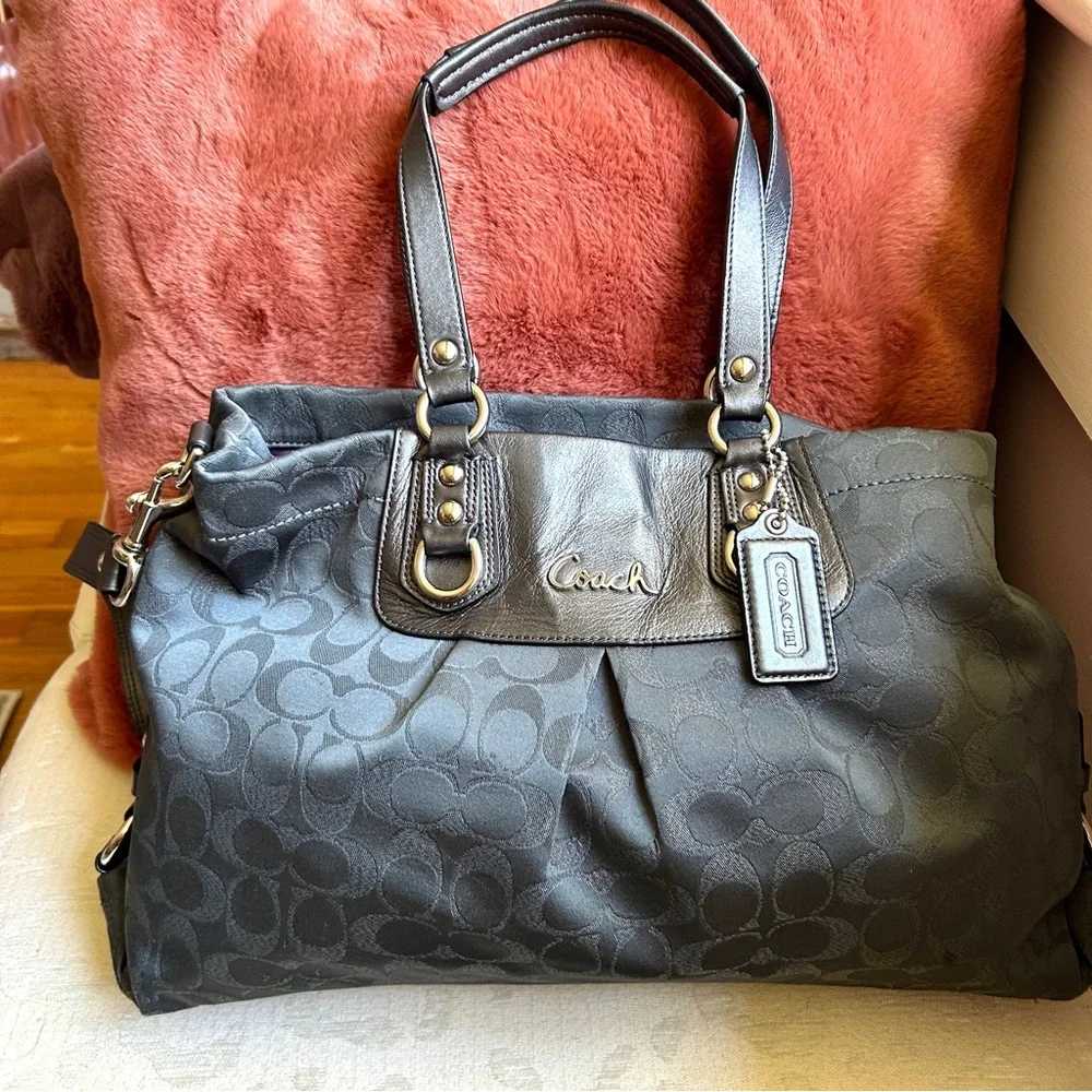 Coach Ashley Metallic Charcoal Signature Carryall Shoulder Handbag